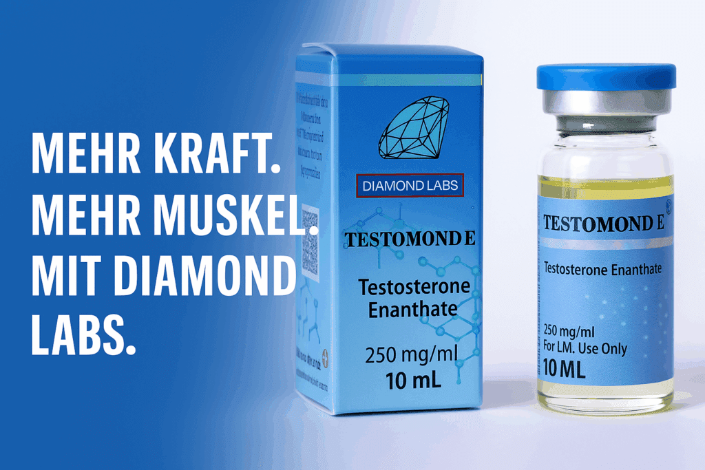 Testosteron Enantat 250 mg/ml Diamond Labs – Fläschchen und Verpackung neben Bodybuilder auf blauem Hintergrund